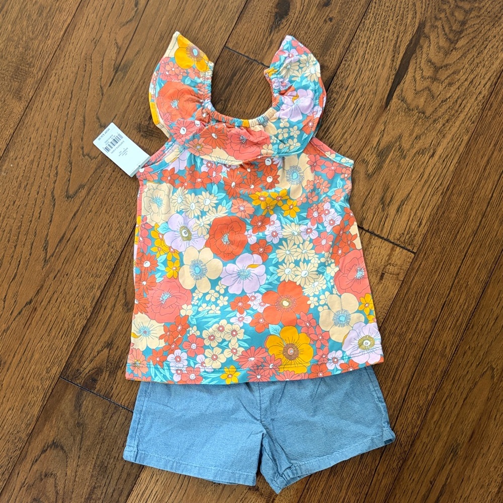 NWT Floral Ruffle Tank and Blue Chambray Shorts Set